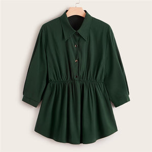 Plus Size Abaya Green Buttoned Smock Peplum Top