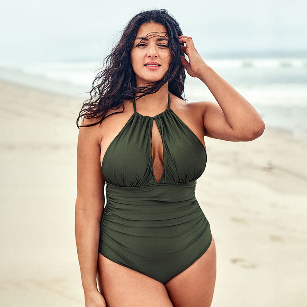 Plus Size Olive Halter Backless Lace Up Monokini