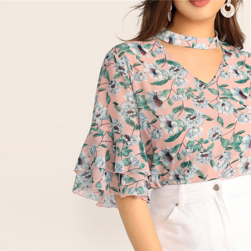 V-Cut Choker Butterfly Sleeve Top