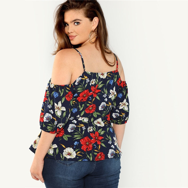 Cold Shoulder V-Neck Belted Floral Top