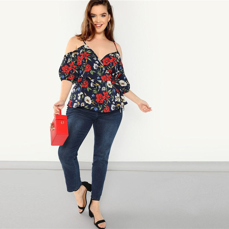 Cold Shoulder V-Neck Belted Floral Top