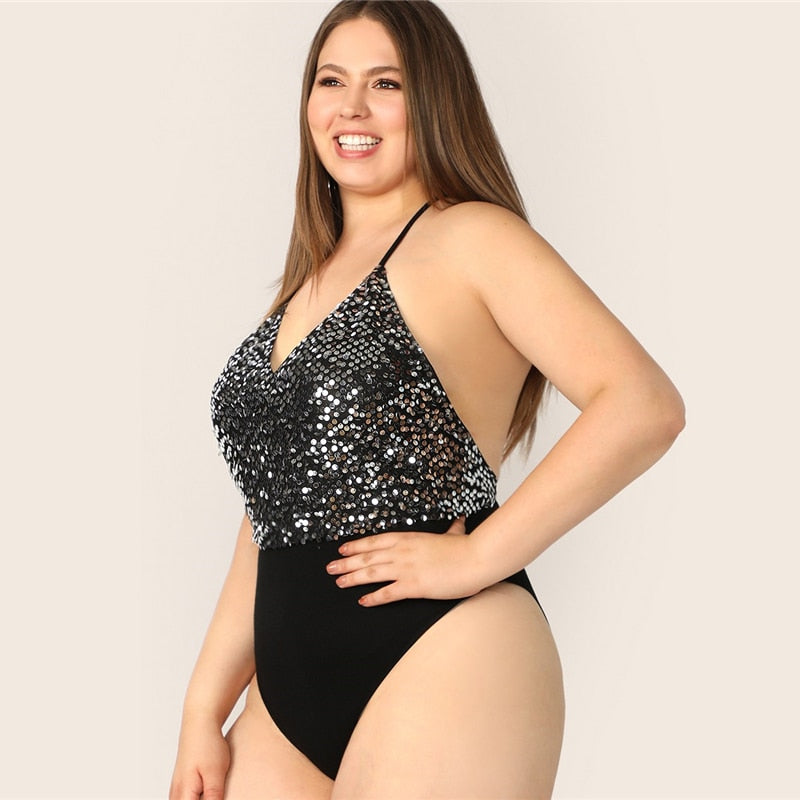 Sequin Bodice Backless Halter Bodysuit