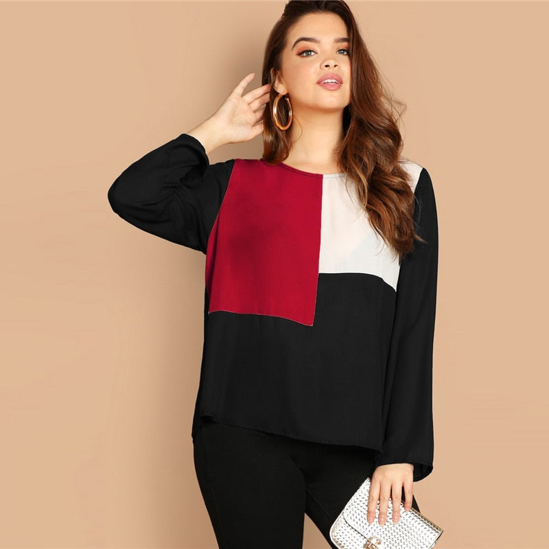 Plus Size Color-block Buttoned Long Sleeve Top