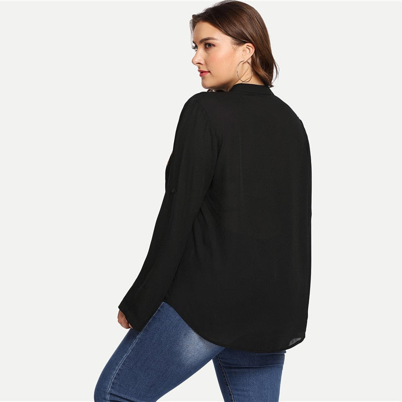 Pocket Patched Roll Tab Sleeve Top