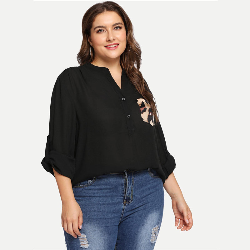 Pocket Patched Roll Tab Sleeve Top - Black