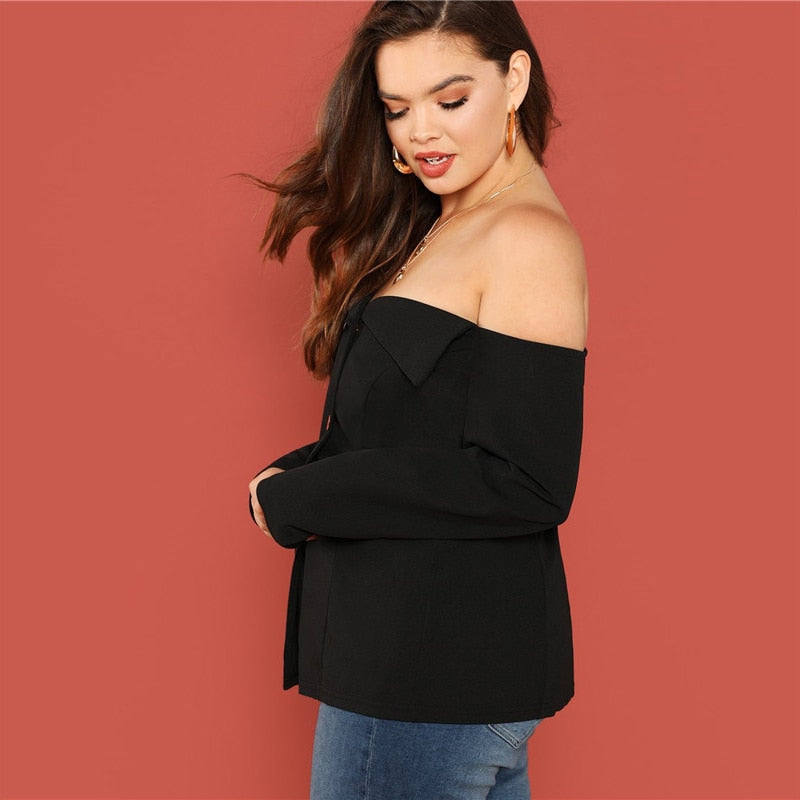 Off Shoulder Long Sleeve Button Top