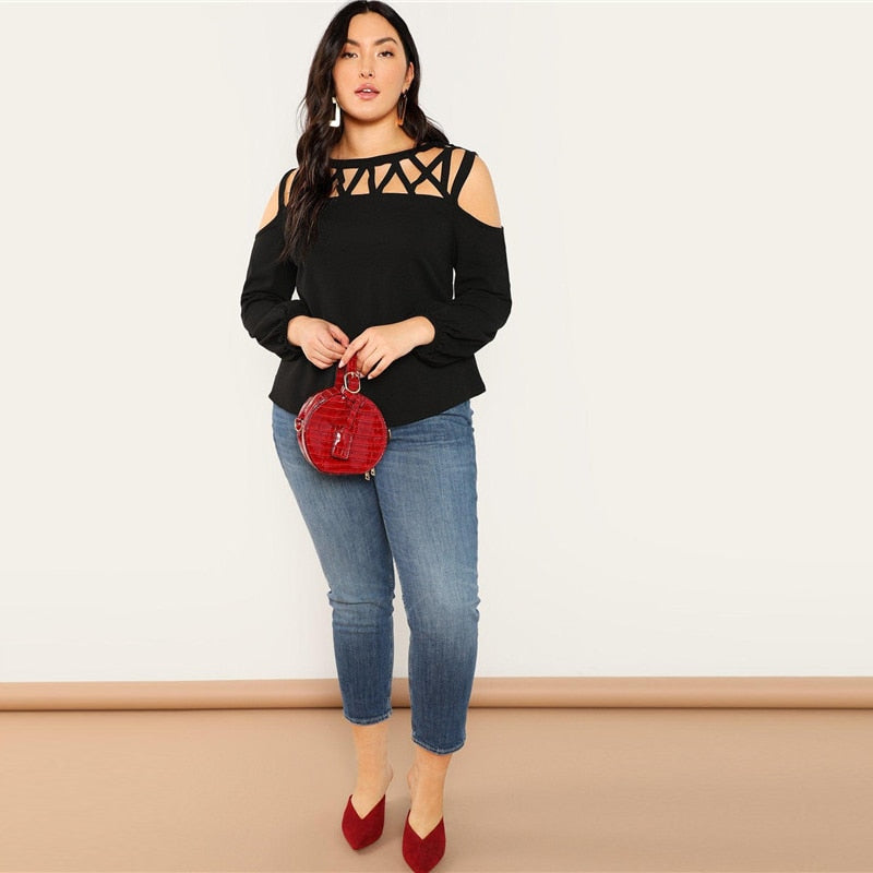 Sexy Cold Shoulder Lantern Sleeve Top - Black