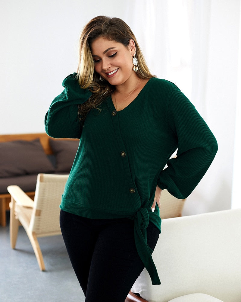 V-Neck Oblique Buttoned Sweater Top