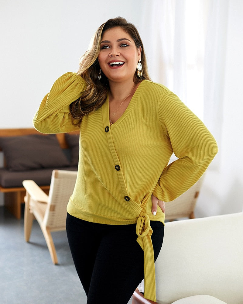 Plus Size V-Neck Oblique Buttoned Sweater Top