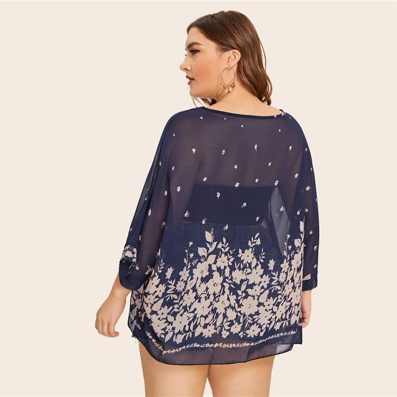 Navy Floral Print Batwing Sleeve Top