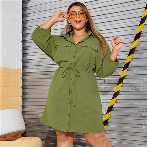 Plus Size Army Green Drawstring Cargo Shirt Dress