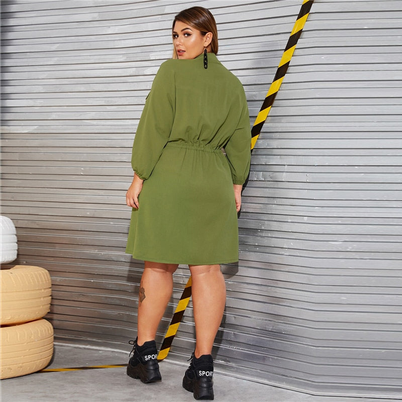 Army Green Drawstring Cargo Shirt Dress