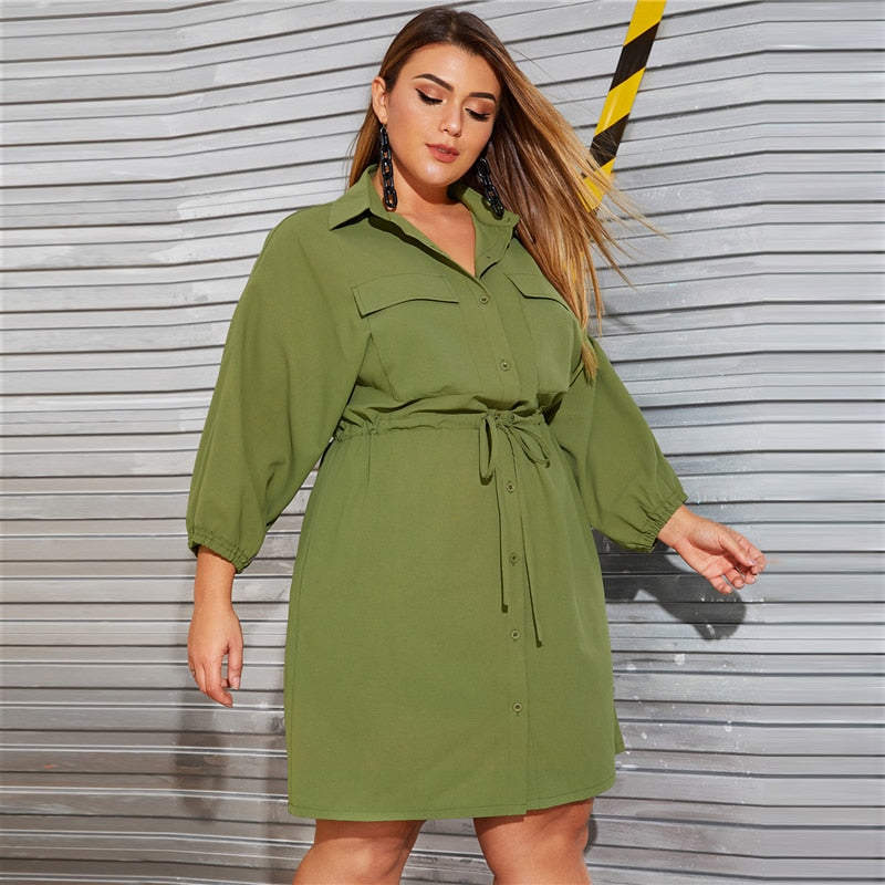 Army Green Drawstring Cargo Shirt Dress