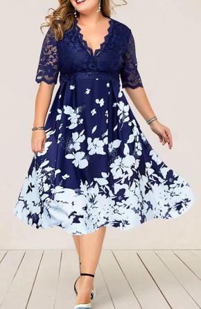 Lace Neck Floral Print Summer Dress