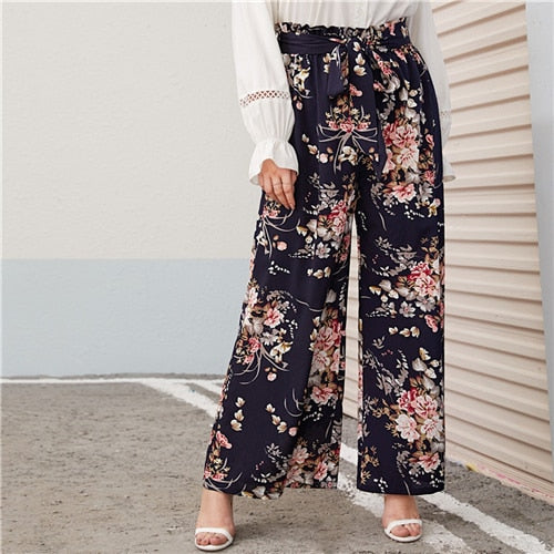 Paperbag Waist Floral Print Wide Leg Pants