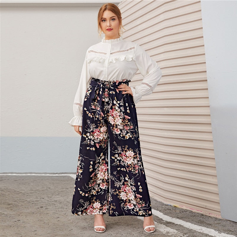 Paperbag Waist Floral Print Wide Leg Pants