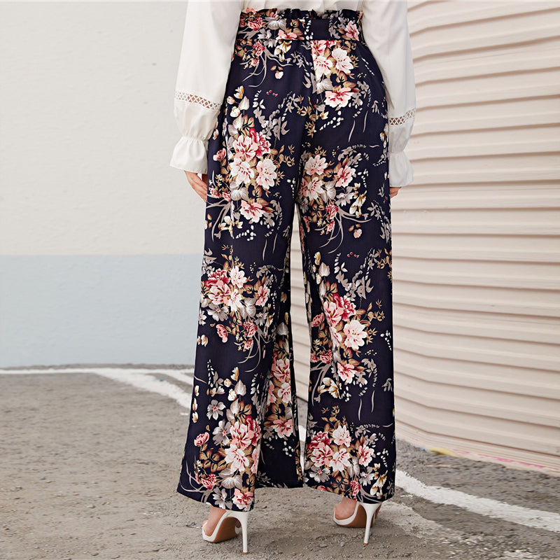 Paperbag Waist Floral Print Wide Leg Pants