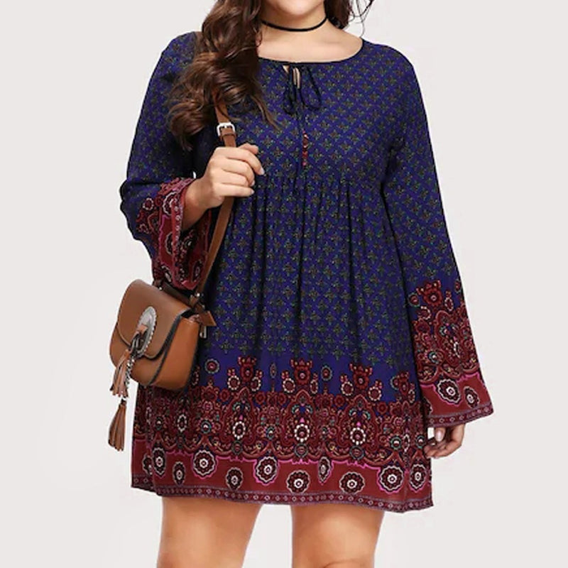 Plus Size Retro Print Long Sleeve Dress