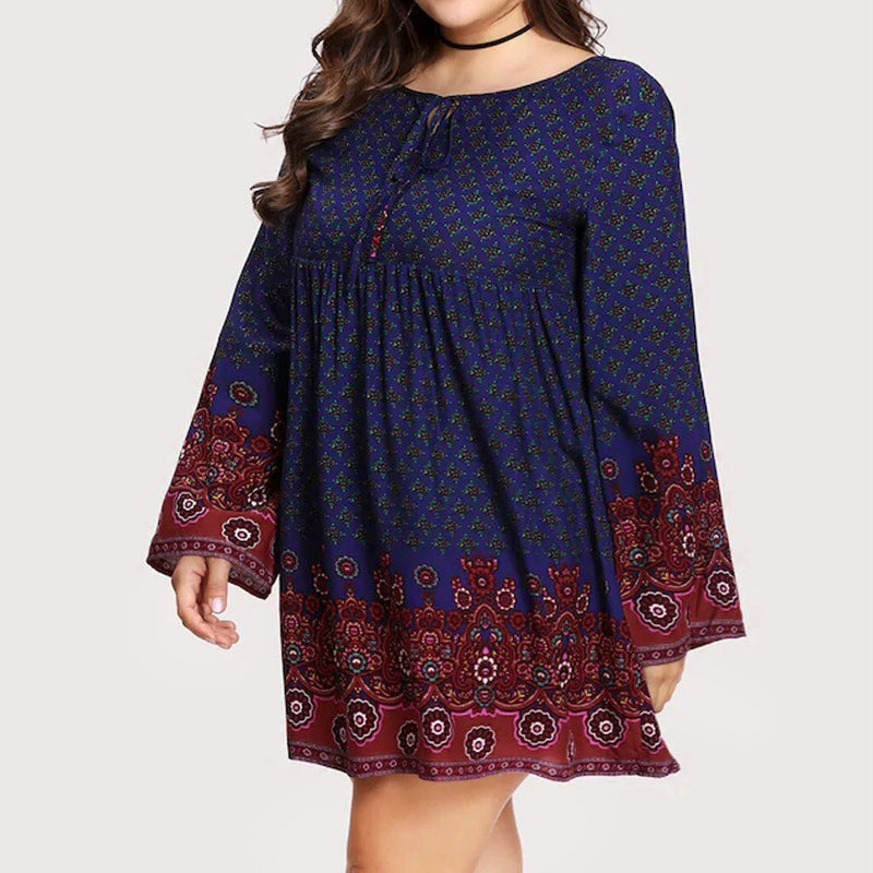 Retro Print Long Sleeve Dress