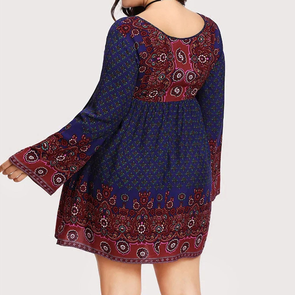 Retro Print Long Sleeve Dress