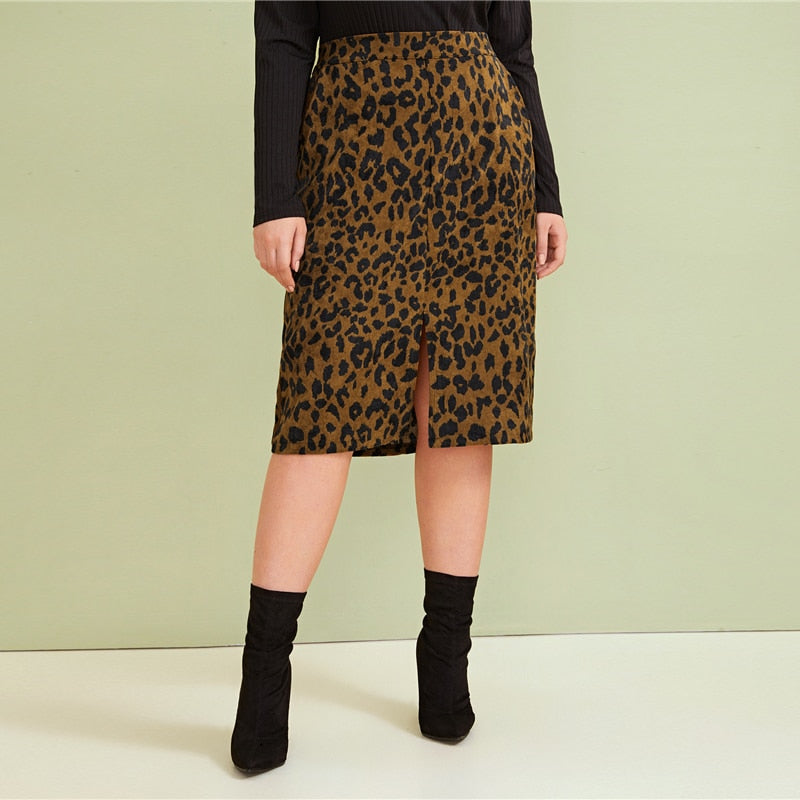 Leopard Print Split Front Pencil Skirt