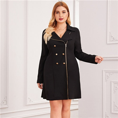 Zipper Front Double Button Blazer Dress