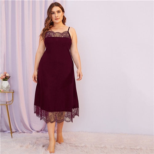 Lace Spaghetti Strap Night Dress - Red / Burgundy