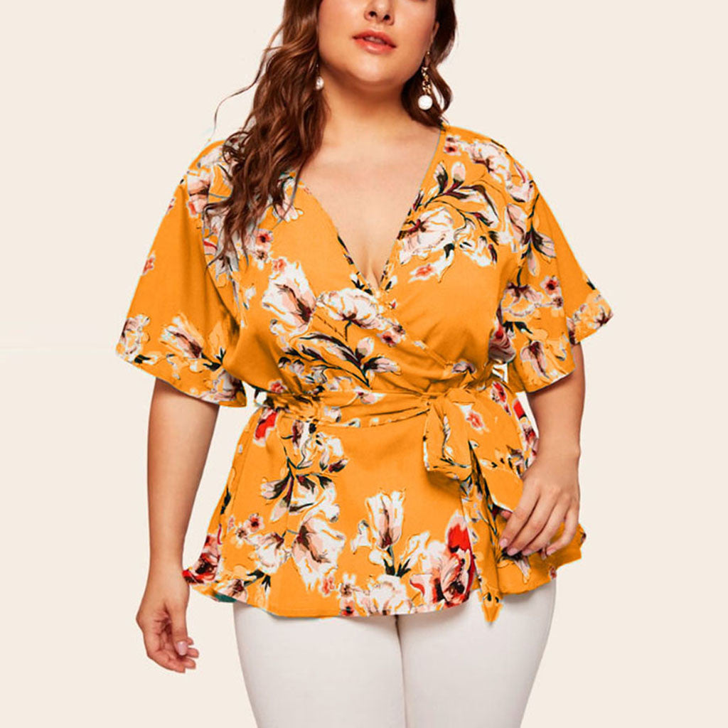 Haut Plus Size Femme V-Neck Short-Sleeved Printed Top