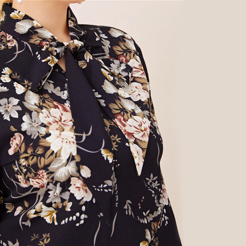 Tie Neck Botanical Print Top