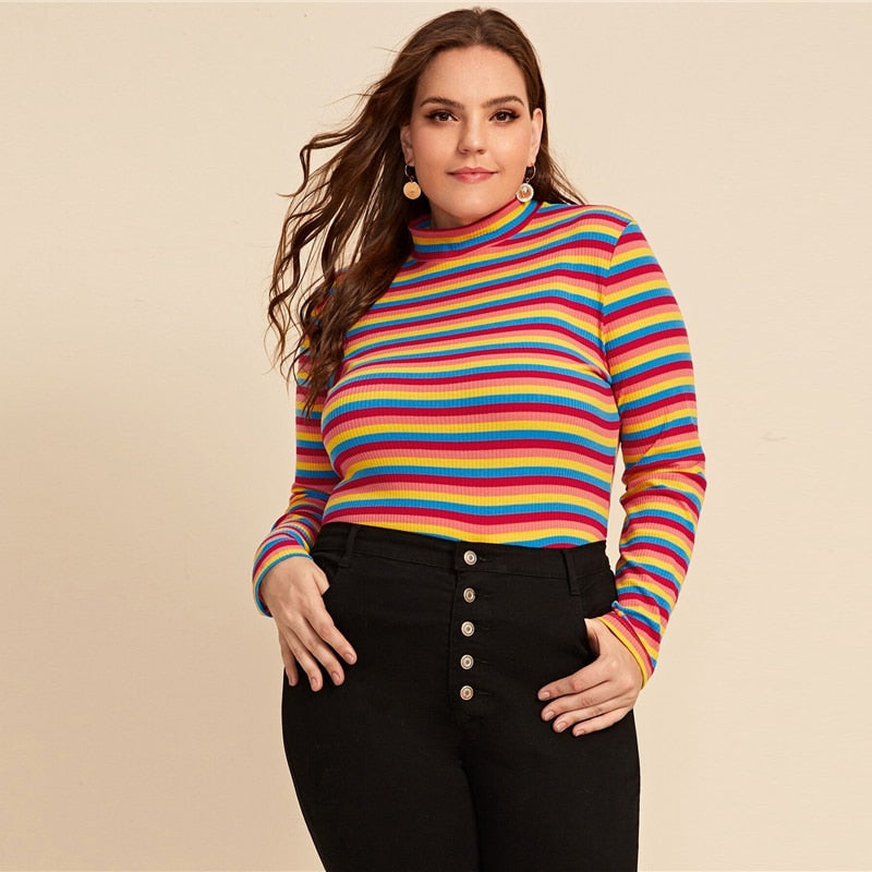 Multicolored Mock Neck Striped Top