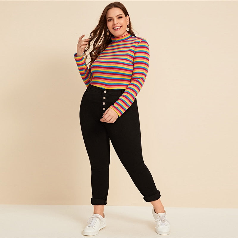 Multicolored Mock Neck Striped Top