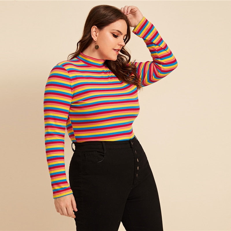 Multicolored Mock Neck Striped Top