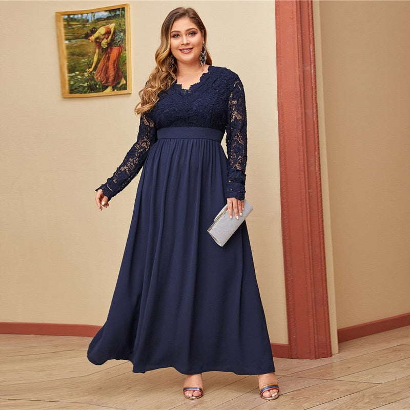 Plus Size Navy Open Back Lacey Bodice Dress