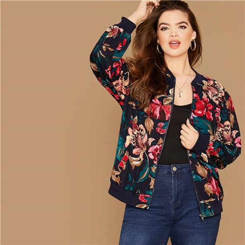 Floral Print Zipper Up Bomber Jacket