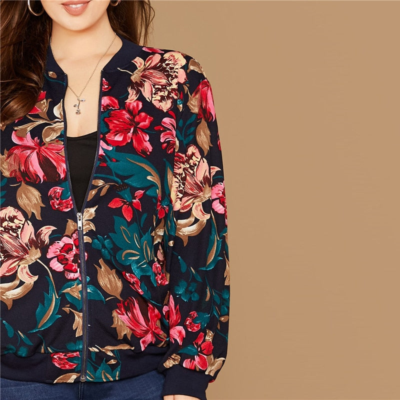 Floral Print Zipper Up Bomber Jacket