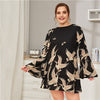 Plus Size Crane Print Flounce Sleeve Dress