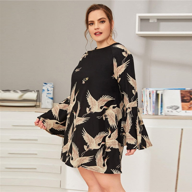 Crane Print Flounce Sleeve Dress