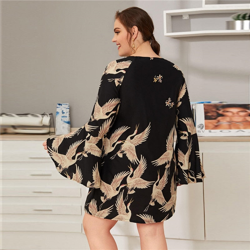 Crane Print Flounce Sleeve Dress