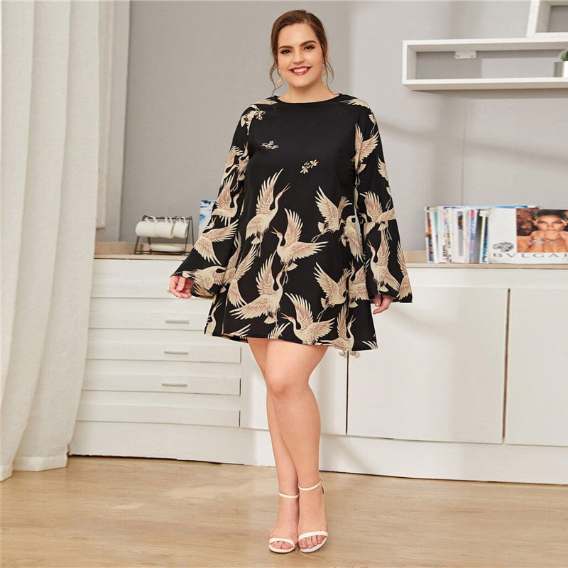 Crane Print Flounce Sleeve Dress