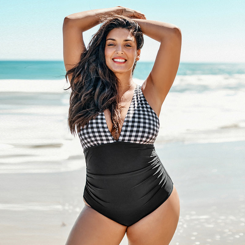 Plus Size Black-White Gingham Ruched Monokini