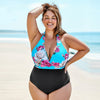 Plus Size Floral Print Black Halter Backless Monokini