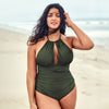 Plus Size Olive Halter Backless Lace Up Monokini