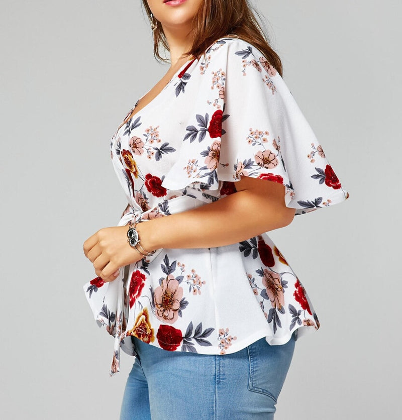 Floral Print Belted Surplice Peplum Top