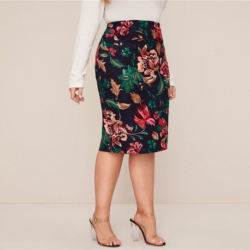 Multicolored Floral Print Pencil Skirt