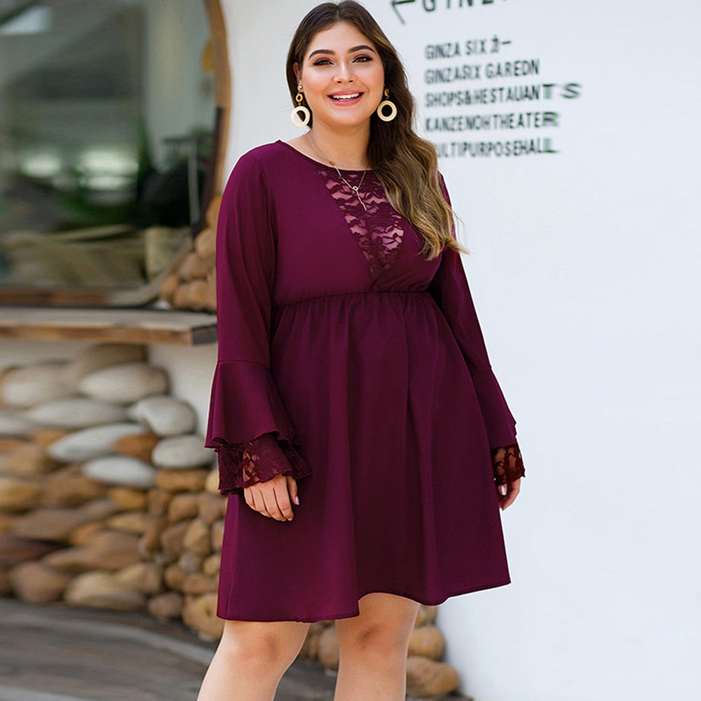 Plus Size Burgundy Ruffled Long Sleeve Dress