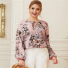 Plus Size Pink Tie-Neck Lantern Sleeve Botanical Top