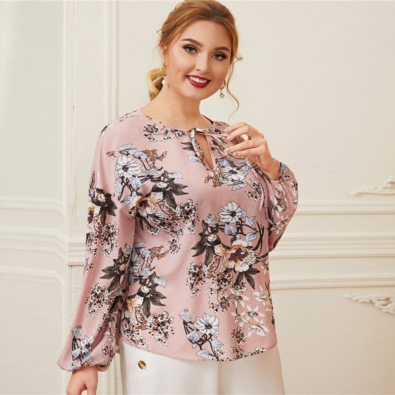 Pink Tie-Neck Lantern Sleeve Botanical Top