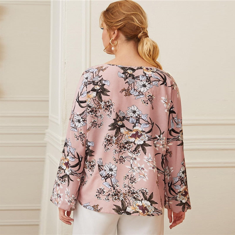 Pink Tie-Neck Lantern Sleeve Botanical Top