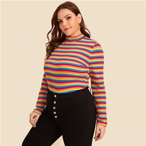 Plus Size Multicolored Mock Neck Striped Top