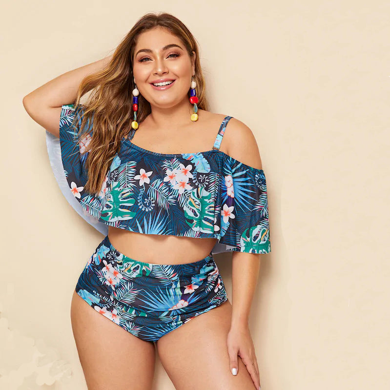 Plus Size Floral Print High-Waist Ruffle Bikini Set